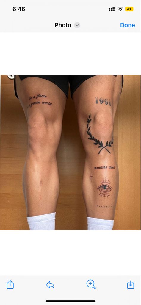 Men’s Quad Tattoo Ideas, Tatoo Legs Boy, Modern Leg Tattoo Men, Under The Knee Tattoo Men, Small Hand Tattoo For Men, Minimalist Thigh Tattoos Men, Quadriceps Tattoo Men, Mens Legs Tattoo, Small Legs Tattoo