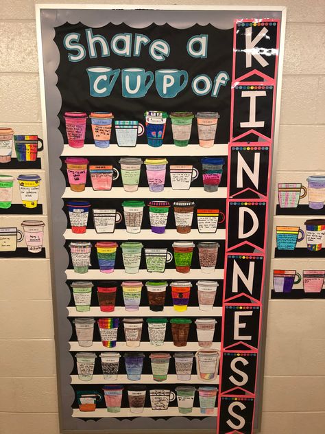 Cups Of Kindness Bulletin Board, Bulletin Ideas For School, Cup Of Pep Talk Bulletin Board, Kindness Display Classroom, Kindness Wall Classroom, Staff Room Bulletin Board Ideas, Bulletin Board Office Ideas, Vertical Bulletin Board Ideas, Work Poster Board Ideas