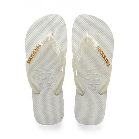 Women's Top Logo Metallic Flip Flops White | Havaianas Stylish Flip Flops, Logo Flip Flops, Rubber Flip Flops, Havaianas Flip Flops, Greek Key Pattern, Rice Grain, Brick Patterns, Metallic Sandals, Metallic Logo