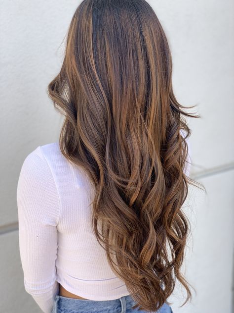 Long Hair Ideas For Graduation, Long Brown Hair With Layers Balayage, Light Wavy Hairstyles, Curled Brunette Hair Long Hairstyles, Long Straight Hair Curled Ends, Soft Curls Long Hair Wedding, Lightly Curled Hair Long, Layed Hair Long, Curly Hairstyles Brown Hair