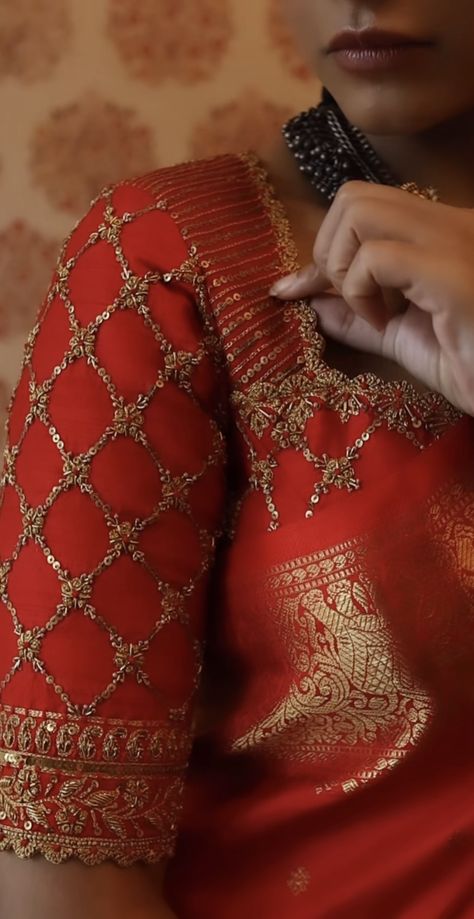 Handwork Saree Blouse, Wedding Blouse Handwork Designs, Maggam Work On Red Blouse, Wedding Blouse Work Designs Pattu, Work On Golden Blouse, Bridal Red Blouse Designs, Zardozi Embroidery Blouse Designs, Red Blouse Aari Work Designs, Red Blouse Work Designs Pattu