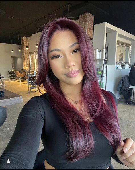 Wine Red Hair On Tan Skin, Red Hair For Curly Hair, Burgundy Cherry Hair, Violet Cherry Hair, Burgundy Magenta Hair, Burgundy Hair And Eyebrows, Deep Red Black Hair, Raspberry Violet Hair, Curly Hair Winter Color