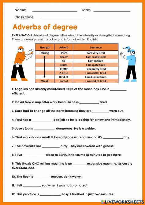 Adverbs Of Degree Worksheets, Adverb Of Degree, Adverbs Sentences, Adverbs Worksheet, Conjunctions Worksheet, Learn English Grammar, English As A Second Language (esl), English As A Second Language, Very Tired