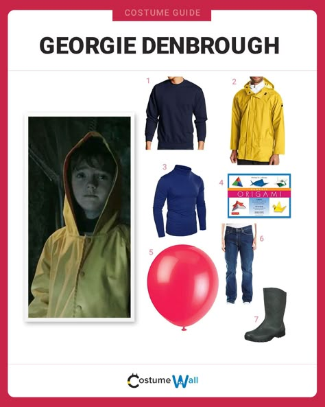 The best costume guide for dressing up like Georgie Denbrough, the little boy lured by Pennywise the Clown in Stephen King's movie It. Stephen King Costume Ideas, Cartoons Halloween Costumes, It Outfits Movie, Georgie Denbrough, Movie Character Halloween Costumes, Costume Wall, Book Parade, Cartoon Halloween Costumes, Cute Emo Outfits