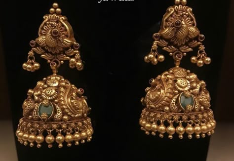 Antique Gold Jumka Indian, Nakshi Buttalu Earrings Gold, Antique Jumkas Design Gold, Heavy Buttalu Earrings Gold Bridal, Gold Jhumka Earrings Bridal Antique, Antique Jumka Design Gold, Antique Jimikki, Antique Jhumkas Gold Temple Jewellery, Gold Jhumka Earrings Indian Bridal