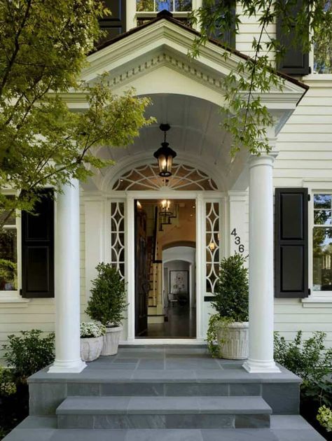 Dutch Colonial Revival gets an elegant refresh in San Francisco Bay Area Colonial Exterior Remodel, Colonial Front Door, Colonial House Exteriors, Colonial Exterior, Exterior Front Doors, Dutch Colonial, Casas Coloniales, Exterior Remodel, Front Entrance