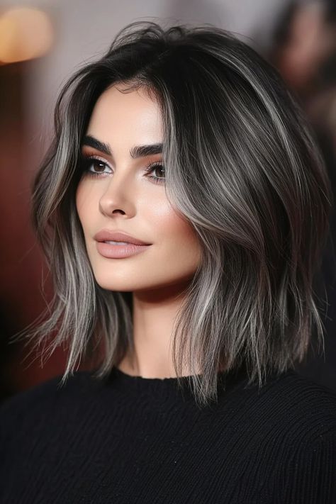 Grow Out Gray Hair Transition, Gray Blending Hair Black, Thick Highlights On Black Hair, Medium Brown Hair With Highlights Ashy, Gray Streaks In Dark Hair, Dark Brown Hair With Gray Highlights, Dark Hair Grey Highlights, Highlights To Blend Gray Hair Dark Brown, Dark Brown Hair With Grey Highlights