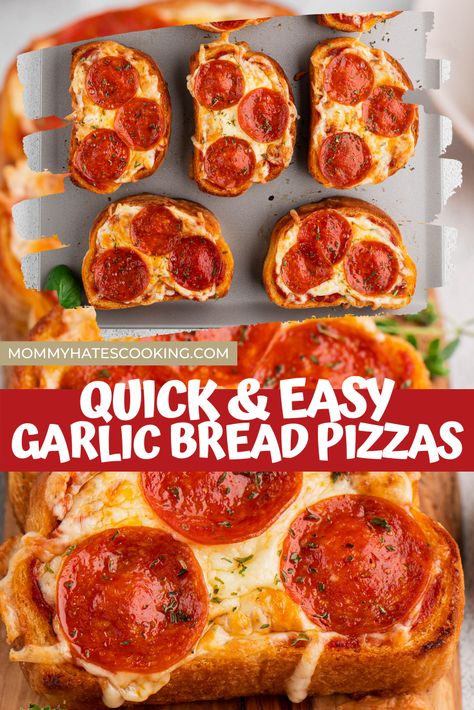 Garlic Bread Pizza Sandwiches, Pizza With Garlic Bread, French Bread Pizza With Frozen Garlic Bread, Home Pizza Ideas, Cheesy Bread Pizza, Cheesy Garlic Bread Pizza, Texas Toast Garlic Bread Pizza, French Bread Pizzas Easy, Garlic Bread Pepperoni Pizza