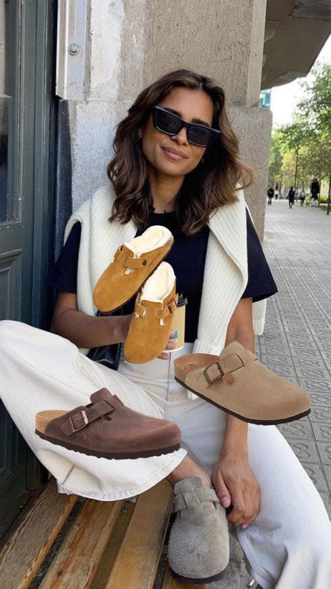 Women Boston Birkenstock Outfit, Mink Birkenstock Clogs Outfit, Birkenstock Boston Shearling Outfit, Fuzzy Birkenstocks Outfit, Birkenstock Shearling Clogs Outfit, Shearling Birkenstock Outfit, Clogs Outfit Winter, Birkenstock Boston Clog Outfit, Clog Shoes Outfit