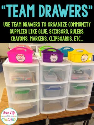 True Life I'm a Teacher: How to Keep Community Supplies Organized Group Bins Classroom, Classroom Workbook Organization, Classroom Groups Organization, Sterilite Drawers Classroom, Class Table Organization, Kagan Classroom Setup, Student Storage For Tables, Group Supply Organization Classroom, Table Group Organization Classroom Ideas