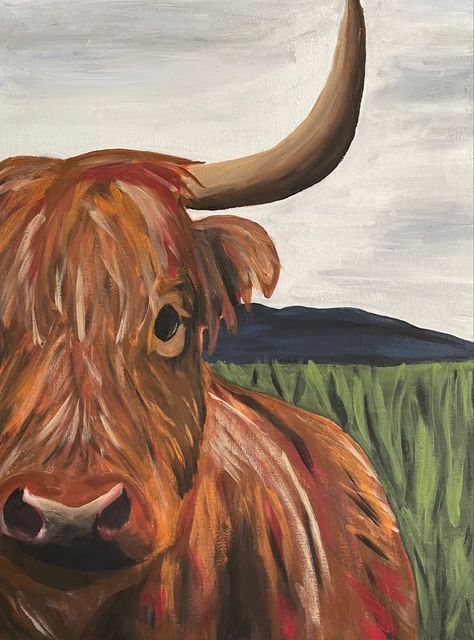 Longhorn Cow Painting Easy, Hiland Cow Painting Easy, Western Simple Painting Ideas, Painting Ideas Western Easy, Paint Highland Cow, Country Music Painting Ideas, Easy Rustic Paintings, Agriculture Art Paintings, Diy Western Paintings Canvases