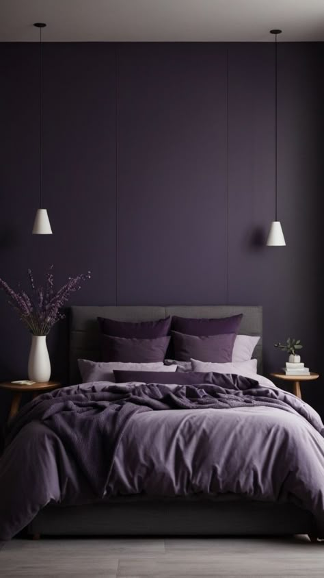 Dark Paint Colours Bedrooms, Dark Purple Aesthetic Bedroom, Bedroom Ideas For Small Rooms Purple, Dark Purple Wall Color, Dark Purple Interior Design, Dark Purple Wall Paint, Dark Plum Bedroom, Dark Purple Bedroom Aesthetic, Dark Purple Walls Bedroom