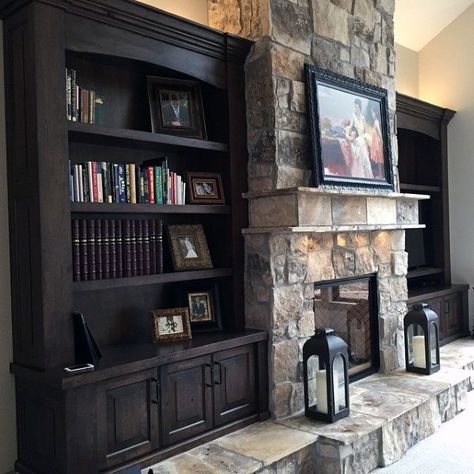 Great Room Built In Bookcase Idea Inspiration With Stone Fireplace Fireplace And Bookshelves, Bookshelves Around Fireplace, Tv Kastenwanden, Fireplace Bookcase, Built In Bookshelves, Fireplace Bookshelves, Built In Shelves Living Room, Fireplace Built Ins, Bookcase Design