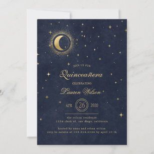 celestial midnight blue gold stars Quinceanera Invitation Celestial Quinceanera, Celestial Floral, Quinceanera Collection, Quince Invitations, Blue Quince, Quinceanera Invitation, Free Birthday Card, Quinceanera Themes, Moon Wedding