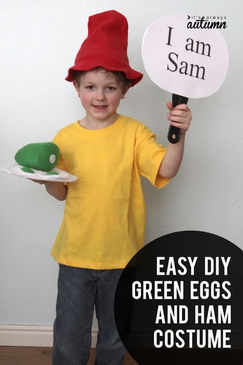 Easy DIY Green Eggs and Ham costume for Dr. Suess day! Dr Suess Dress Up, Diy Green Eggs And Ham, Dr Seuss Diy Costumes, Seuss Costumes, Dr Seuss Costumes, Dr Suess Day, Dr Suess Week, Dr Seuss Shirts, World Book Day Ideas