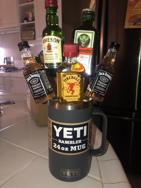 Stick his favorite whiskey in there and he’ll be good to go! Buck And Doe Prizes, Booze Raffle Basket Ideas, Yeti Gift Ideas, Yeti Cup Gift Basket Ideas, Raffle Baskets For Men, Vacation Goodie Bags, Yeti Gift Basket Ideas, Yeti Gift Basket, Diaper Raffle Gifts