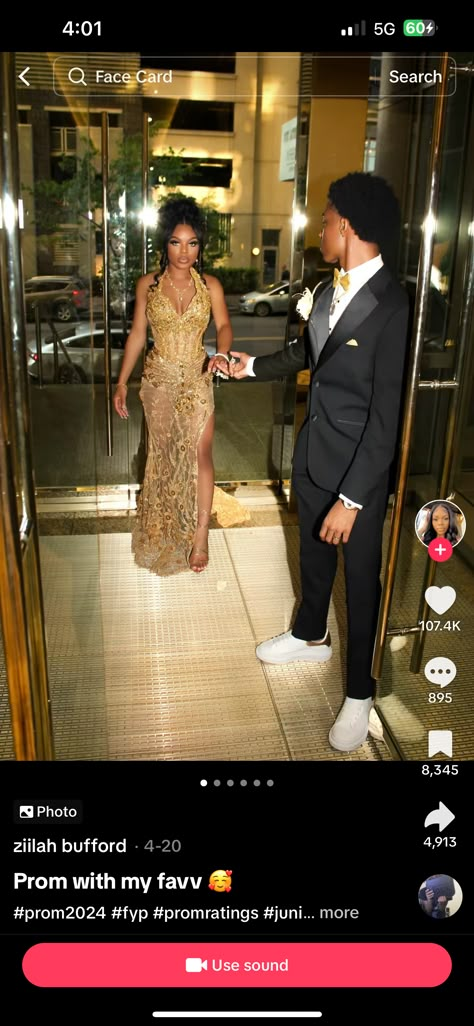 Brown Homecoming Couple, Black And Gold Prom Dresses Black Women, Brown Prom Couple Outfits, Gold Prom Looks Black Women, Gold Birthday Dress Photoshoot, Beige Prom Dress Champagne, Gold Prom Dress With Date, Champagne Prom Dress Couple, Golden Heels Outfit