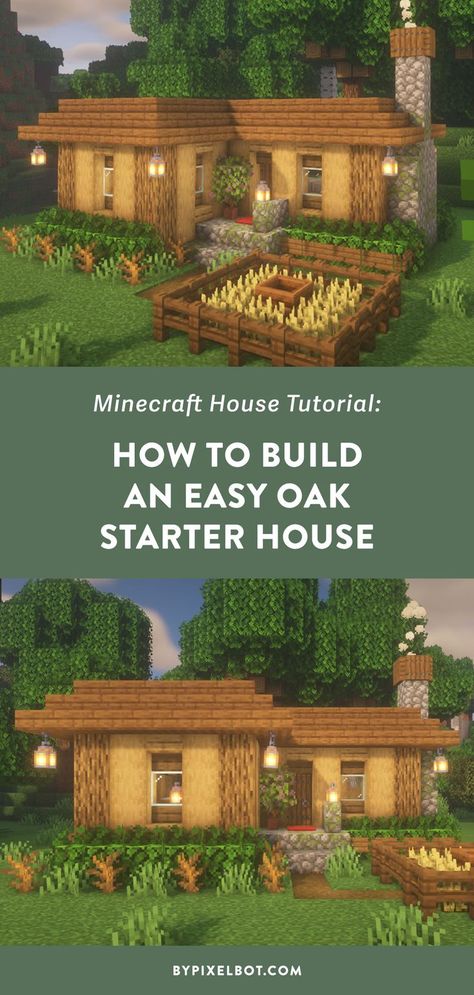 Minecraft: How to Build an Easy Oak Starter House (Simple Survival House) Cute Mc Houses Easy, Basic Mc House, Mc Oak House, Starter Minecraft House Easy, Minecraft Houses Cobblestone, Starting Minecraft House, Cute Basic Minecraft Houses, Oak And Cobblestone House Minecraft, Cute Minecraft Starter House Easy