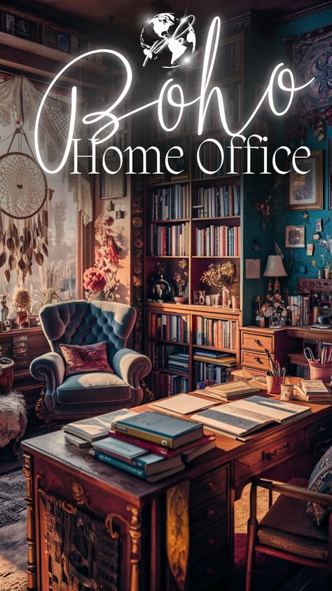 Curate the perfect boho home office with essential elements like cozy room decor, vintage, and victorian accents. Boho lamps and a boho wall add a touch of charm and creativity. This bohemian home office setup is ideal for a productive and stylish workspace. #bohohomeofficeessentials #bohostyleinteriordesign #chicbohemiandecor #vintage #boholamps #bohowall #bohochichomeoffice #homeoffice #cozyroomdecor #bohemianstyle Library Office Ideas, Eclectic Office Decor, Creative Workspace Design, Boho Style Interior Design, Boho Lamps, Bohemian Home Office, Boho Home Office, Chic Workspace, Home Office Essentials