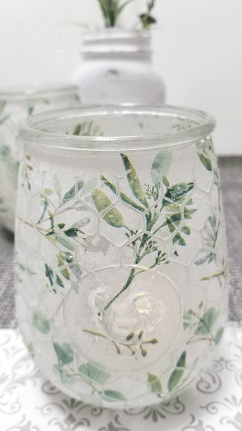 Decoupage Fabric On Glass Mason Jars, Modge Podge Vases Tissue Paper, Mod Podge Tissue Paper Crafts, Modge Podge Jars Tissue Paper, Modge Podge On Glass Jars, Mod Podge On Glass Jars, Decoupage Candle Jars, Tissue Paper Modpodge, Tissue Paper On Glass Jars