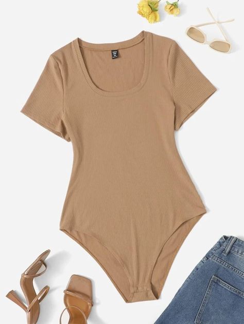 SHEIN EZwear Plus Solid Rib-knit Bodysuit | SHEIN USA Cute Bodysuits, Khaki Tops, Prom Dresses Long Pink, Cute Nike Outfits, Ribbed Knit Bodysuit, Stylish Hoodies, Plus Size Halloween, Summer Plus Size, Khaki Fashion