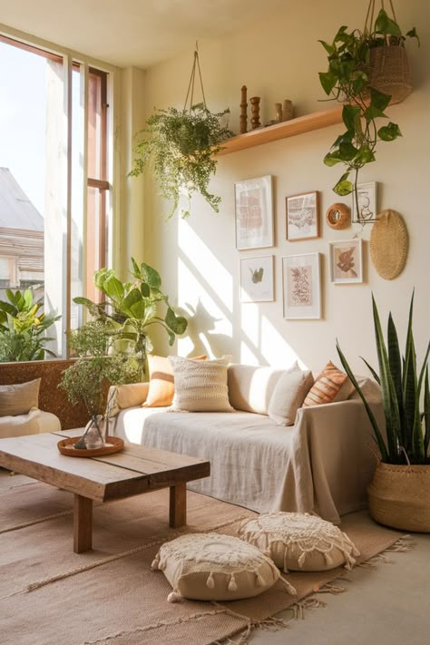 An inviting bohemian living room with earthy decor, a macrame wall hanging, and cozy seating. Japanese Bohemian Decor, Cozy Summer Home Decor, Boho Clean Living Room, Boho Hygge Living Room, Boho Cottage Core Living Room, Small Apartment Boho Decor, Boho Chic Apartment Decor Ideas, Spring Aesthetic Decor, Boho Living Room Window