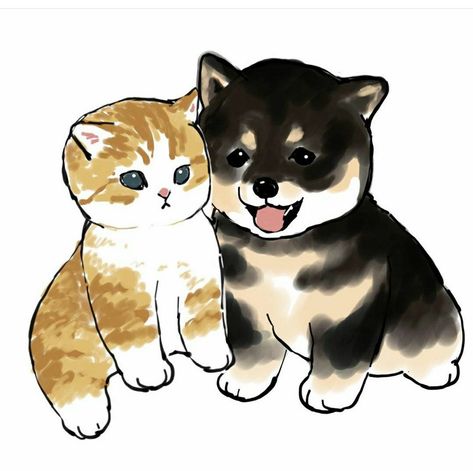 Bananya Cat, Cat And Dog Drawing, Dog Drawing Simple, Dog Cat Pictures, Cute Puppies And Kittens, Kitten Drawing, Puppy Drawing, Cat Hug, Kittens And Puppies