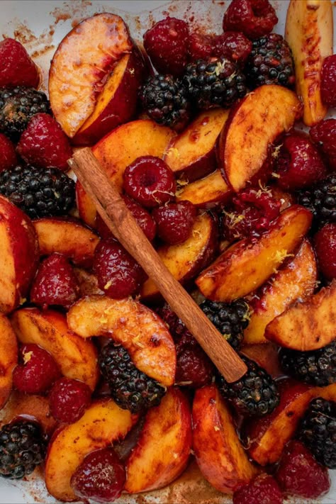 roasted summer fruit over sweet ricotta Roasted Fruit Recipes, Roasted Peaches Dessert, Roasted Fruit Dessert, Fall Fruit Dessert Recipes, Camping Dessert Ideas, Baked Fruit Recipes, Appetizers Fancy, Breville Oven, Summer Brunch Recipes