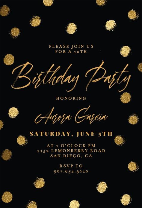 Black And Gold Invitations, Unique Birthday Invitations, Birthday Invitation Design, Birthday Party Invitations Free, Birthday Dinner Invitation, Surprise Party Invitations, Birthday Invitation Card Template, Diy Birthday Invitations, Invitation Card Birthday