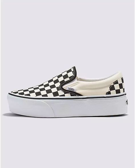 Classic Slip-On Stackform Shoe | Vans (US) Womens Platform Vans, Vans Platform Sneakers Outfit, Platforms Aesthetic, Pink Checkerboard, Platform Vans, Loafer Shoe, Pretty Sneakers, Plaid Shoes, Vans Toddler