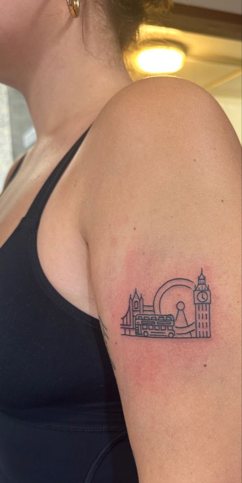 London Tatoos Ideas, London Fine Line Tattoo, London Marathon Tattoo, London Bus Tattoo, Double Decker Bus Tattoo, London Eye Tattoo, London Bridge Tattoo, Uk Tattoo Ideas, London Inspired Tattoo