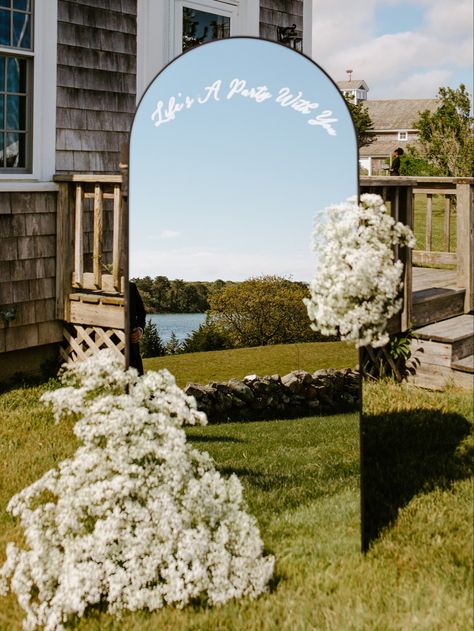 One of my favorite wedding features was this photo opportunity for our guests. Classy Garden Wedding, Mirror Wedding Signs, Neutral Florals, Mirror Wedding, Wedding Mirror, Dream Wedding Decorations, Future Wedding Plans, Outdoor Wedding Decorations, Salou