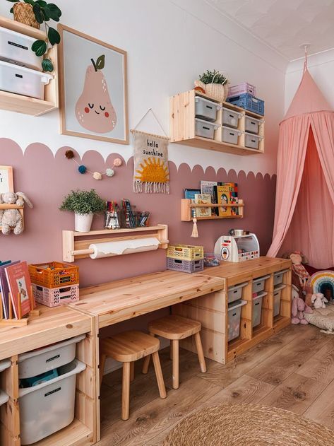 Bedroom Kids Storage, Ikea Toddler Room Girl, Ikea Playroom Organization, Toddler Toy Room Ideas, Trofast Playroom Hack, Ikea Hack Playroom, Play Room And Toddler Bedroom, Kids Playroom Wall Paint Ideas, Kid Room Ideas Girl