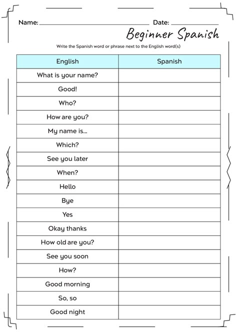 Spanish Learning Sheets, 3rd Grade Spanish Worksheets, Spanish Homework Worksheets, Spanish Learning Worksheets, Beginner English Lessons For Adults, Learning Spanish Worksheets, Spanish Time Worksheet, Spanish Test For Beginners, Spanish Greetings Worksheet