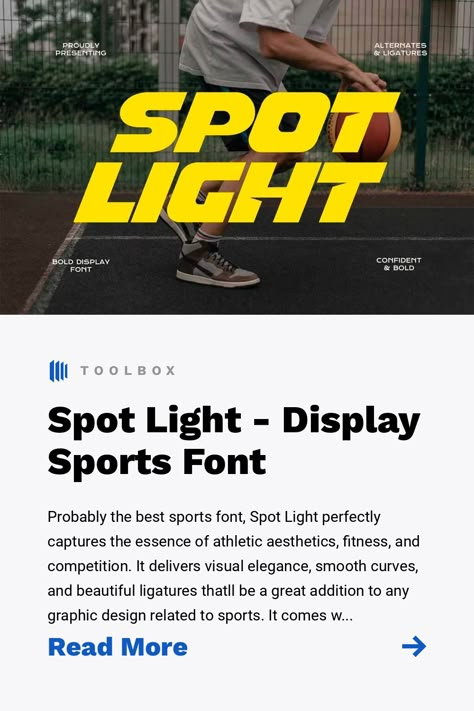 Probably the best sports font, Spot Light perfectly captures the essence of athletic aesthetics, fitness, and competition. It delivers visual elegance, smooth curves, and beautiful ligatures thatll be a great addition to any graphic design related to sports. It comes with multilingual uppercase and lowercase characters, punctuation, and numbers. Use this sporty font to streamline a team spirit in logo design, apparel, editorials, and more. Athletic Branding Design, Active Typography, Sport Branding Design, Fitness Brand Design, Best Font For Logo, Logo Sport Design Ideas, Sports Editorial Design, Sports Logo Design Ideas Creative, Modern Sports Logo