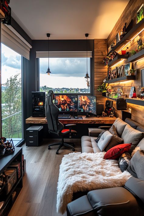 Transform your space with these gaming room interior ideas! Discover ergonomic setups, stylish decor, and immersive designs for the ultimate gaming experience. #GamingRoomInteriorIdeas #ErgonomicGamingSetups #StylishGamingDecor #ImmersiveGamingDesigns #UltimateGamingExperience #ModernGamingRooms #GamingRoomInspiration #FunctionalGamingSpaces #CustomGamingRoom #GamingRoomDecor Nerd Game Room, Gaming Room Setup Playstation, Game Nook Ideas, Apartment Gaming Room, Interior Design Game Room, Gaming Room With Tv, Nintendo Gaming Room, Gaming Room Setup For Couples, Gaming And Reading Room