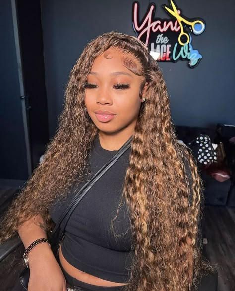 Highlights Brown Hair Curly Wig, Deep Wave Flip Over, Highlighted Deep Wave Wig, Highlight Deep Wave Wig, Highlight Curly Wig, Honey Blonde Deep Wave, Blonde Honey, Weekend Hair, Curly Lace Frontal