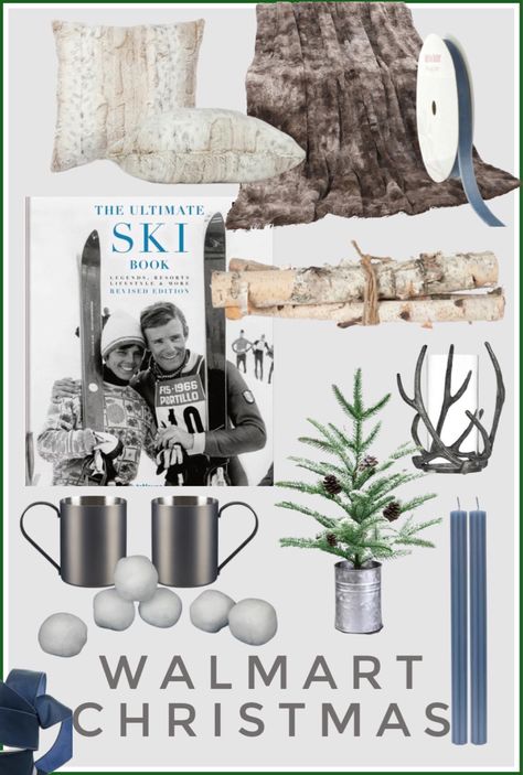 Cozy Christmas home decor. Birch logs, candles, ski book, faux fur blankets and pillows, antler decor, and more! Rustic Mountain Christmas Decor, Mountain Christmas Decor, Ski Lodge Christmas Decor, Ski Lodge Design, Modern Ski Lodge, Ski Lodge Christmas, Mountain Lodge Decor, Vintage Ski Lodge, Antler Christmas Tree