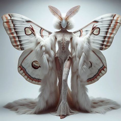 Mothwoman 🦋 #ai #aiartofinstagram #artificialintelligence #aiart #aiartcommunity #aiconceptart #aifashionphotography #aifashiondesign #aesthetic #moth #digitalekunst #digitalfashion #digitalphotoart #dalle3 #stablediffusion #fashion #conceptart #newmediaart White Fluffy Moth, White Moth Costume, Conceptual Fashion Design, Moth Costume Women, Moth Photoshoot, Alien Clothes Concept, Wings Covering Eyes, Moth Inspired Outfit, Bird Inspired Fashion