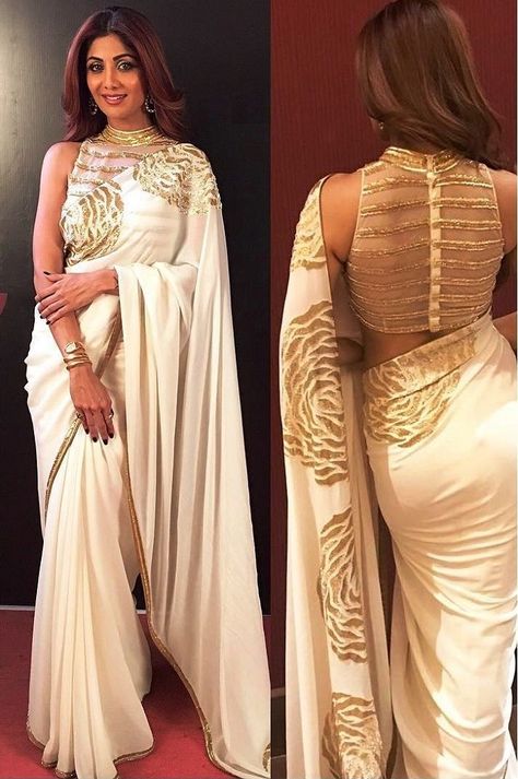 Saree Blouse Back Designs 2020 Inspire By Bollywood Celebs That You Have To Give A Shot | VERBENA INDIA White And Gold Saree, Gold Saree, Netted Blouse Designs, Saree Jackets, Lehenga Blouse Designs, Shilpa Shetty, Sari Blouse Designs, Indian Saree Blouses Designs, Saree Blouse Patterns