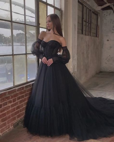 Black Wedding Dress Off The Shoulder, Ethereal Black Wedding Dress, Wednesday Addams Wedding Dress, Black Fairytale Wedding Dress, Black And Maroon Wedding Dress, Black Fairy Wedding Dress, Gothic Wedding Dress Victorian, Black Wedding Dress Ballgown, Black Wedding Dress Corset