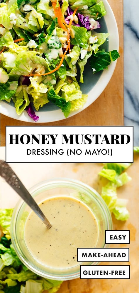 This LIGHT but CREAMY honey-mustard salad dressing is made with Greek yogurt instead of mayonnaise. It’s my favorite! #healthyrecipe #saladdressing #honeymustard #cookieandkate Paleo Honey Mustard Dressing, Tighten Tummy, Paleo Honey Mustard, Sunshine Salad, Honey Mustard Salad Dressing, Mustard Salad Dressing, Leptin Resistance, Honey Mustard Vinaigrette, Resep Salad