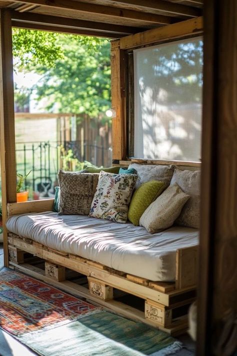 "Elevate your relaxation space with a DIY Pallet Daybed! 🛏️🛠️ A great way to create a custom seating area with a handmade touch. 🌿✨ #DIYDecor #PalletProjects #DaybedIdeas" Outdoor Crate Furniture, Pallet Chaise Lounge Diy, Pallet Daybed Indoor, Pallet Day Beds Outdoor, Diy Porch Seating, Pallet Chair Diy, Porch Couch Ideas, Back Porch Seating Ideas, Pallet Bed Outdoor