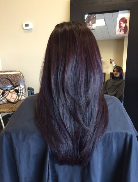 Concave long layers + Aveda color that I did :) Black Cherry Hair Color Pale Skin, Layered Burgundy Hair, Dark Chocolate Brown Hair With Red Tint, Dark Cherry Coke Hair, Black Hair With Red Undertones, Blackish Red Hair, Dark Cherry Coke Hair Color, Reddish Black Hair, Round Layers Haircut