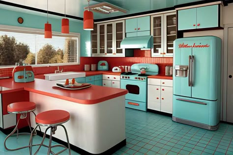 1950s Yellow Kitchen, Nostalgia Kitchen Appliances, 50 Kitchen Retro 1950s, 1950s Homes Interior, Retro Home Appliances, 50s Decor Interior Design, 1950s Style Kitchen, Fallout Themed Kitchen, Retro Turquoise Kitchen