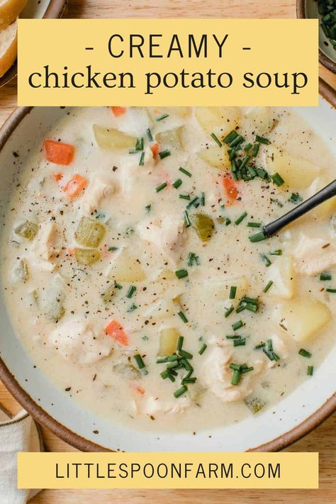 Creamy chicken potato soup is an easy comfort food recipe that is perfect for chilly weather. It has a simple base of carrots, celery, and onions, with tender chicken and potatoes all in a rich creamy broth. This is a quick soup recipe that comes in handy on busy nights! Simple Soups With Chicken Broth, Chicken Potato Chowder Soup, Instapot Chicken And Potato Soup, Chicken Soup With Dill, Easy Soup Recipes With Potatoes, Creamy Chicken Asparagus Soup, Potatoe Chicken Soup Recipe, Chowder Recipes Potato, Potato Chicken Soup Recipes