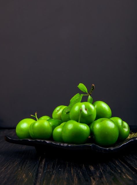 Green Plums, Dark Wooden Table, Food Photography Dessert, Dark Table, Green Plum, Dried Plums, Plum Fruit, Fruits Photos, Plum Jam