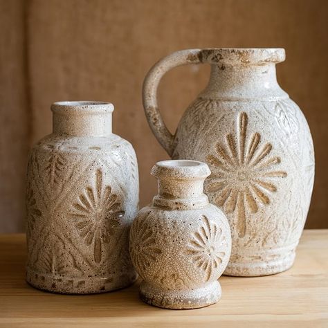 RusticReach Carved Floral Vase in White - Bed Bath & Beyond - 37840325 Handmade Ceramic Vase, Vase Pottery, Vase Handmade, Handmade Ceramics Vase, Keramik Design, Pottery Crafts, Pottery Classes, Ceramics Pottery Art, Ceramics Projects