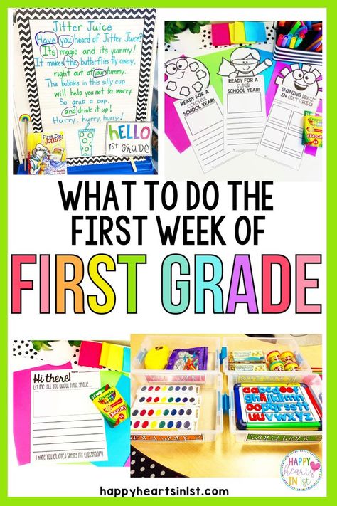 Back to school activities and ideas for making planning the first week easier! Includes ideas for first week read alouds name building stations math centers writing activities and free no prep writing crafts from Happy Hearts in 1st 1st Grade Crafts Back To School, Beginning Of Year Math Activities 1st Grade, First Week Math Activities 1st Grade, Grade 1 Beginning Of The Year, Back To School Craft 1st Grade, First Week Of Grade 1 Activities, Back To School Grade 1 Activities, First Week Grade 1 Activities, First Grade Beginning Of The Year Activities