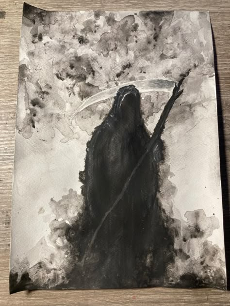 Grim Reaper Watercolor, Simple Creepy Paintings, Grim Reaper Painting Easy, Watercolor Painting Dark, Dark Watercolour Painting, Simple Goth Painting Ideas, Gothic Watercolor Art, Goth Watercolor Paintings, Spooky Landscape Painting